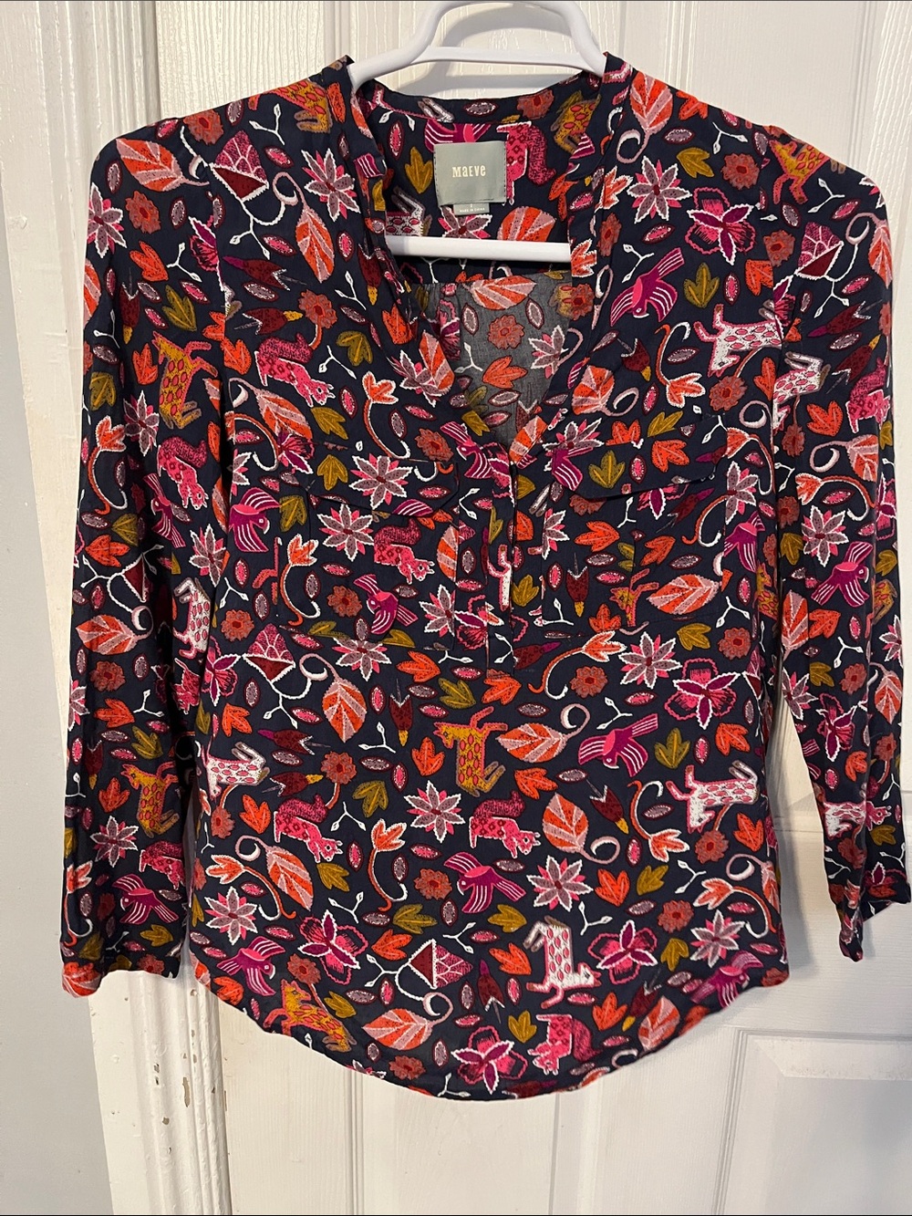 Maeve by Anthropologie Navy Floral Print Long-Sleeve Blouse